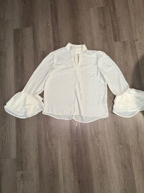 White Ruffle-Sleeve Mock Neck Blouse